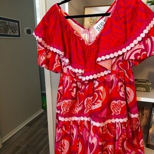 Vibrant Red and Pink Alden Adair Ruffle Dress